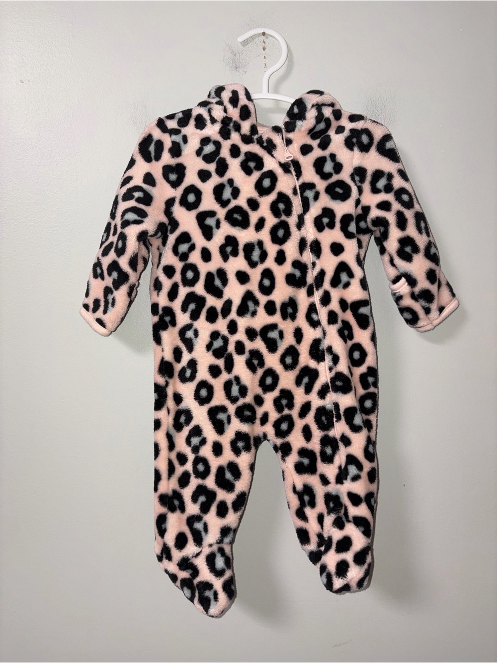 Little Beginnings Pink Fleece Fuzzy Leopard Print Hooded Zip Jumpsuit 0-3M